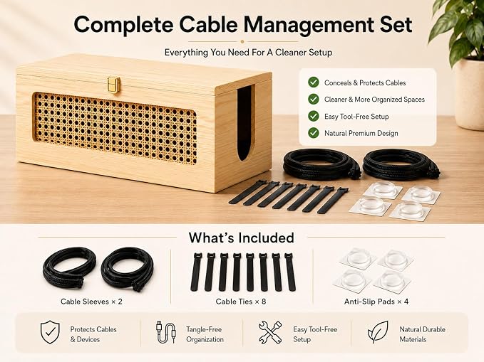 Wood Cable Management Box - 15 x 6.5 x 6.3 in - Power Strip Cord Organizer