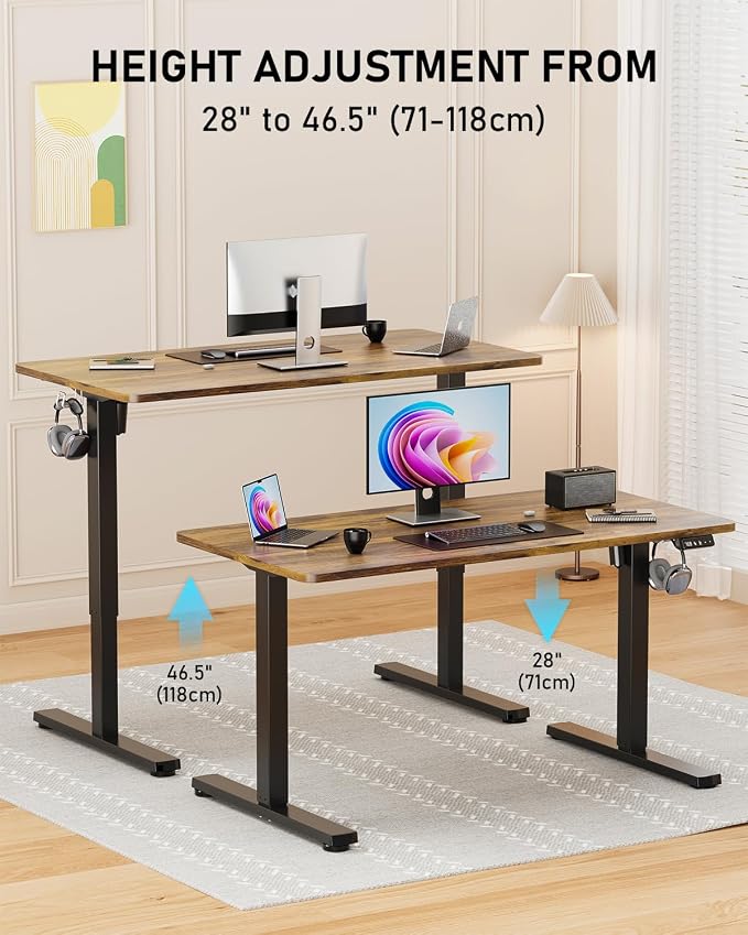 40" Electric Standing Desk Adjustable Height, Sit Stand up Desk for Home Office & Computer Workstation, 2 Memory Height Settings, Splice Board, 2 Hooks, Black Frame/Rustic Brown Top