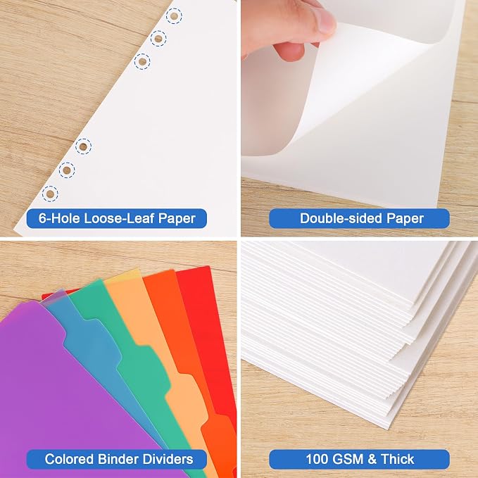 Antner A5 Blank Refill Paper 6-Hole Planner Inserts for A5 6-Ring Binders, 135 Sheets Planner Refills Loose Leaf Filler Paper with Binder Dividers for Refillable Notebook, Journal, Sketchbook, Dairy