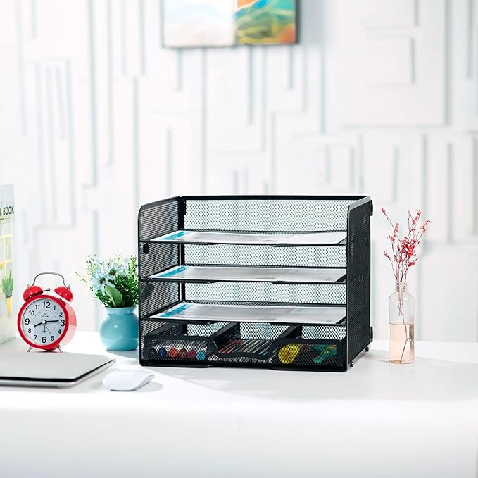 SETTFRFE 4-Tier Metal Desk Organizer-Paper Letter Tray with Drawer,Black | Desktop File Organizer with 2 Sliding Trays & 1 Drawer,Office Supplies Organizer and Storage for Office,Classroom,Home