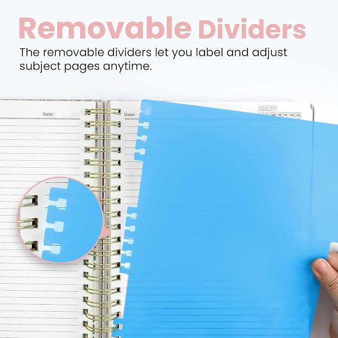 Large Spiral Lined Notebooks for Work with Removable Dividers & Tabs, 8.5"x11" Pretty Hardcover 5 Subject Notebook Journal for Women, College Ruled, Perfect for Study & Office Organization, 280 Pages, Rosette Bow