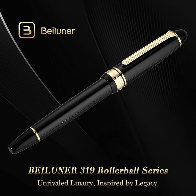 BEILUNER 319 Piano Black Lacquer Rollerball - Stunning Luxury Pen with 24K Gold, Heavy, Schneider Black Ink Refill, Best Gift Set for Men & Women, Professional, Executive Office, Fancy Classic Pens