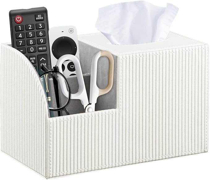 Square Tissue Box Cover with Storage, PU Leather Facial Cube Tissue Holder | TV Remote Control Holder, Desk Accessories Nightstand Organizer, Modern Table Caddy for Bathroom, Bedroom, Home, Office Decor