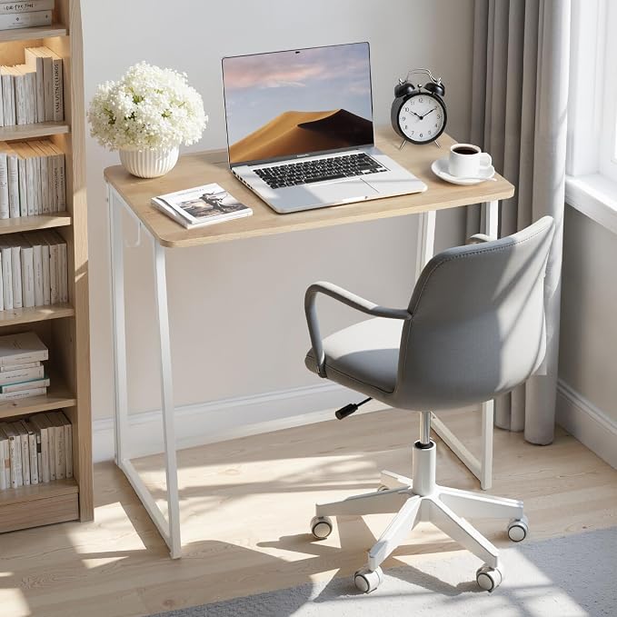 VEVOR Folding Desk, 31.5" Foldable Table for Small Spaces with Storage Hooks, Space Saving Computer Table, Writing Workstation for Home Office, Easy Assembly, Oak