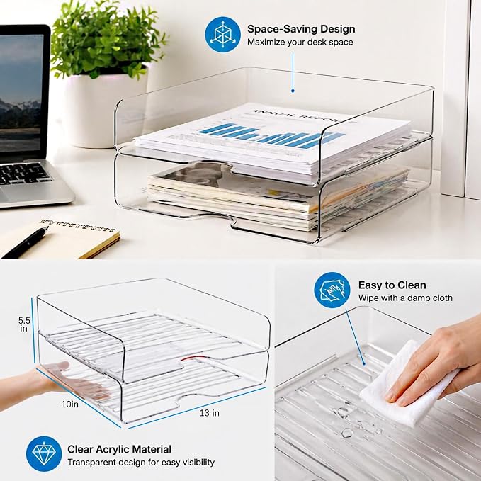 DCA 2 Tier Desk Organizer, Clear Paper Tray File Organizer | Stackable Letter Tray | Office, Home & School | Large Capacity