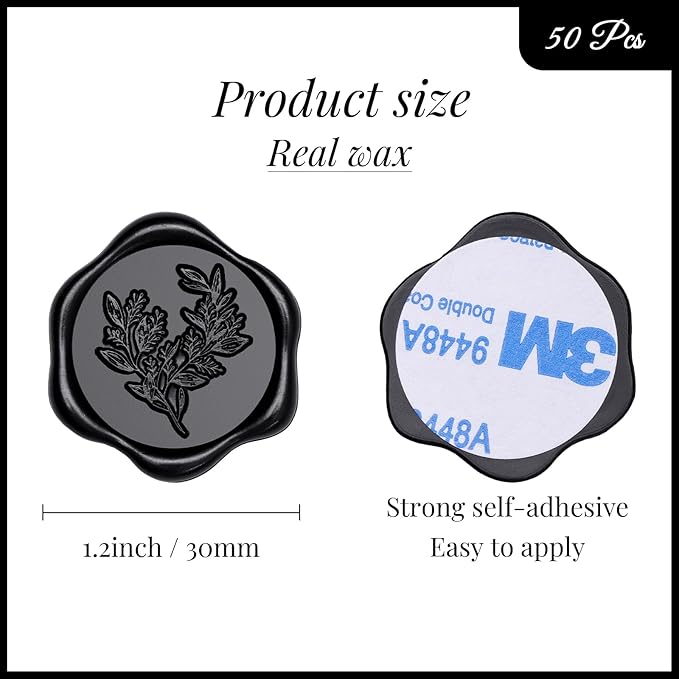 UNIQOOO Wax Seal Stickers - Eucalyptus Wedding Invitation Envelope Seal Sticker, 50 Pcs Self- Adhesive Black Stickers, Perfect for Invitation, Christmas, Gift Wrapping, Party