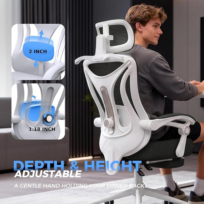 Ergonomic Office Chair with Footrest - Adjustable Lumbar Support & Headrest, 90-160° Reclining Mesh Back Computer Chair - Home Office/Gaming, 330lbs Capacity