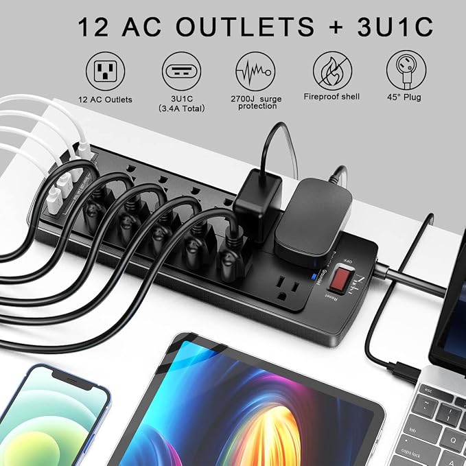Power Strip, Nuetsa Surge Protector with 12 Outlets and 4 USB Ports, 6 Feet Flat Plug Extension Cord for Home, Office, Dorm Essentials, 2700 Joules, ETL Listed (Black)