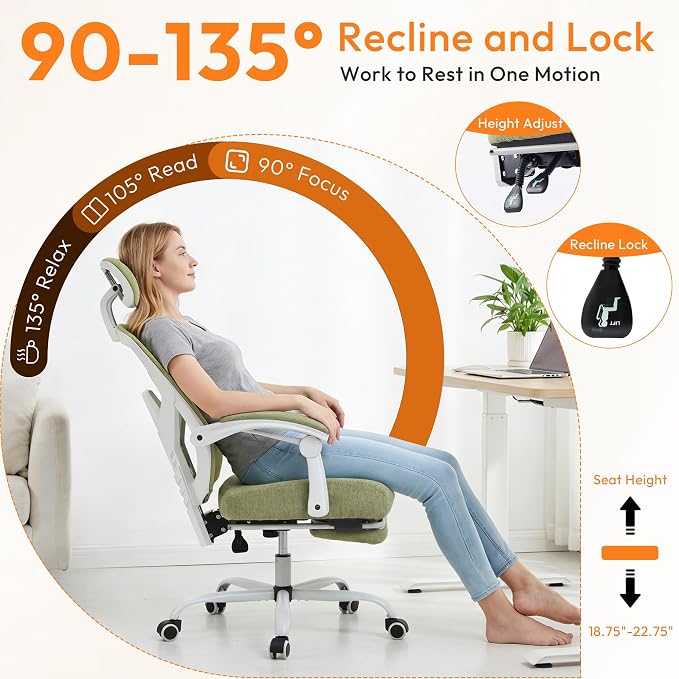 Home Office Desk Chair, Comfortable Mesh Chair with Foot Rest, Light Green | Reclining Gaming Chair with Headrest and Lumbar Support, 90°-130° Reclining, Silent Swivel