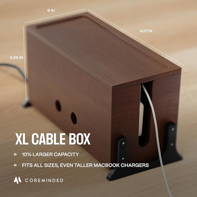 COREMINDED Extra Large Cable Management Box, Wood Cord Hider Box & Organizer for Power Strip, TV Wires & Desk Cable Storage