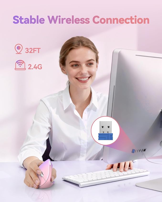 TECKNET 2.4G Ergonomic Mouse Vertical Wireless 4800 DPI Carpal Tunnel Mouse | 5 Adjustable DPI, Optical Tracking, 12 Months Battery, Quiet, 6 Buttons for Laptop, PC, Computer, Right Hand, Pink Purple