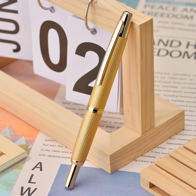 Jinhao 10 Press Fountain Pen with Box, Brushed Matt Gold Retractable Medium Nib with Ink Converter Set (Golden Clip)