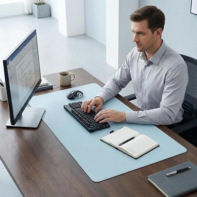 Leather Desk Pad Protector, Desk Mat, (Blue, 14" x 42") Large Mouse Pad, Non-Slip Desk Blotter, Office Laptop Desk Pad, PU Leather Desk Writing Pad for Office and Home