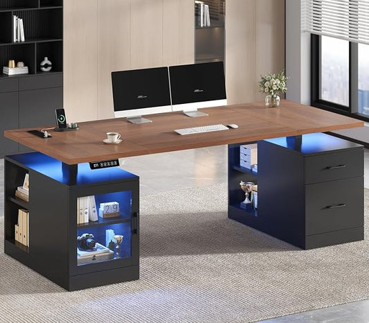 UPOSOJA 71 in Executive Standing Desk, Electric Height Adjustable Desk with Storage Drawers, Glass Cabinet, Shelves, Power Outlet, LED Light, Wood Sit Stand up Computer Desks for Home Office (Black)