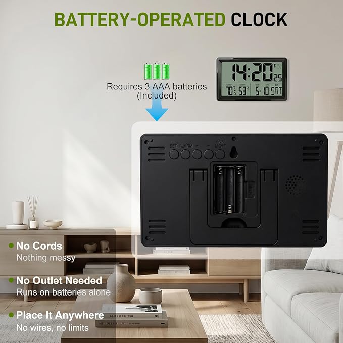 Atomic Clock Alarm Clock with Backlight, 8.7″ Battery Powered Clock Auto DST Self-Setting, Digital Wall Clock with Indoor Temperature Humidity, Snooze for Bedroom Office