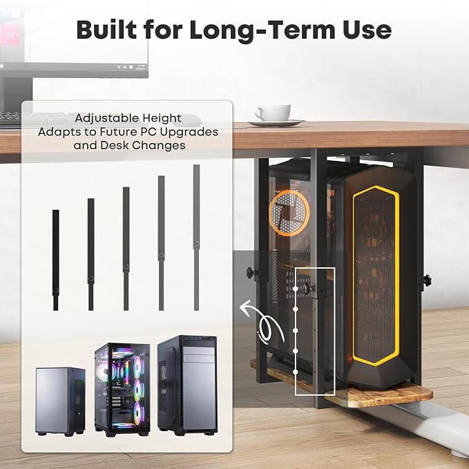 Heavy Duty Under Desk PC Mount, Height Adjustable, Black & Rustic Brown | Fits Maximum PC Case: 9.6”(Width) x 14.7''(Height), Stable Wood Base(size 22''x9.6'' ), Easy to Assemble, Max Load 66 lbs