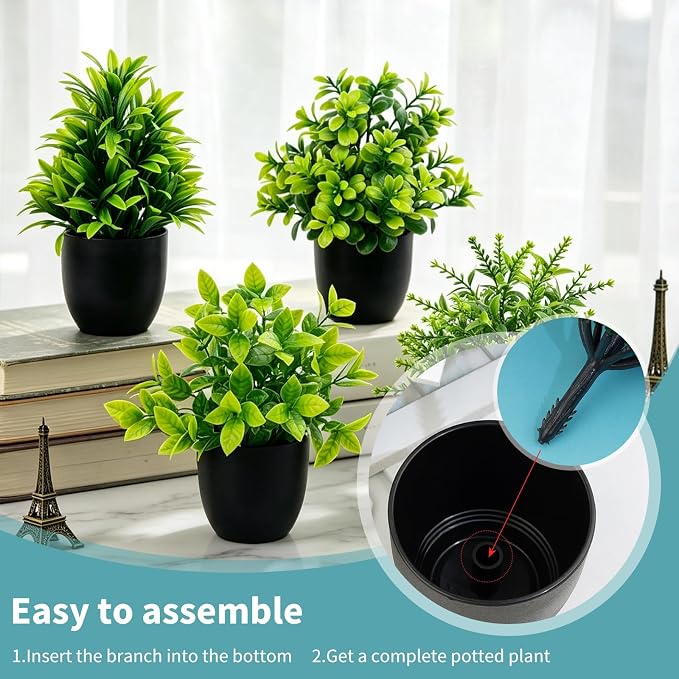 4 Pack Fake Plants Mini Artificial Potted Plants for Home Office Desk Decor, Small Faux Greenery with Black Pots, Assorted Fake Grass & Leaf Plants for Indoor Shelf Bathroom Kitchen Decoration