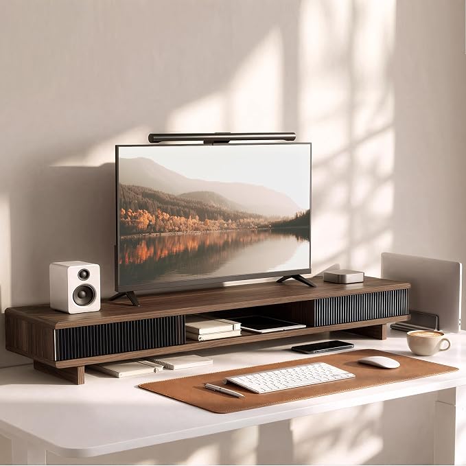 Dual Monitor Stand Riser with Storage Drawer for Desk Organization | Fits Dual 32" Monitors, Walnut Finish, Hidden Storage, Ergonomic Height, Holds 110lbs, No Flex, Quick Setup