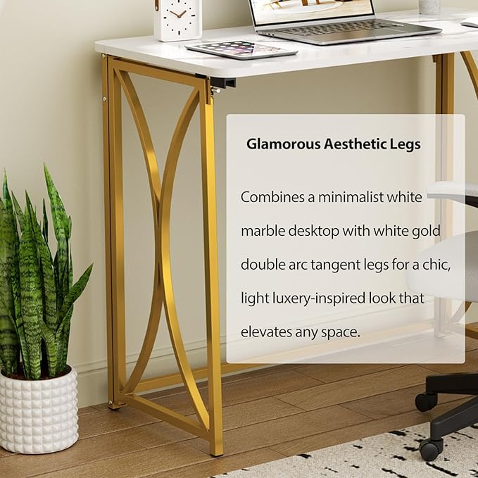 Folding Desk, 31.5" Small Desk for Bedroom, Space Saving Foldable Computer Desk for Home Office, Easy Assembly, White and Gold