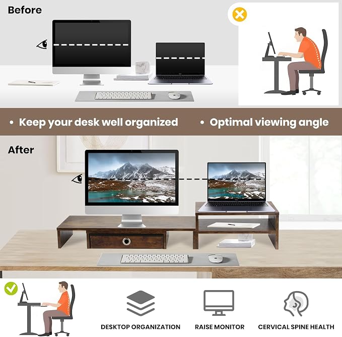 Monitor Riser for 3 Monitors, Angle Adjustable Monitor Stand with Drawer | Dual Monitor Stand for Desk, Dual Monitor Stand with Storage, Wooden Extra Long Triple Monitor Riser up to 52", Rustic Brown