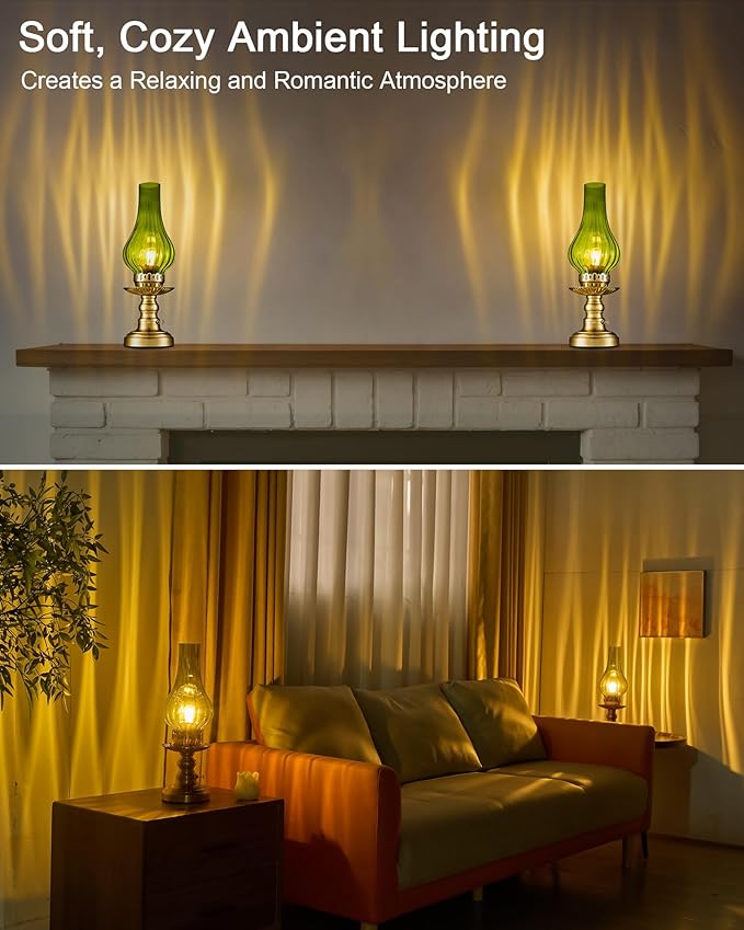 UMEXUS Vintage Small Cordless Table Lamp, Rechargeable Battery Powered | Touch Control Dimmer, Green Glass Shade & Gold Base Ambient Lighting, Home Decor for Bedroom Living Room Kitchen Nightstand