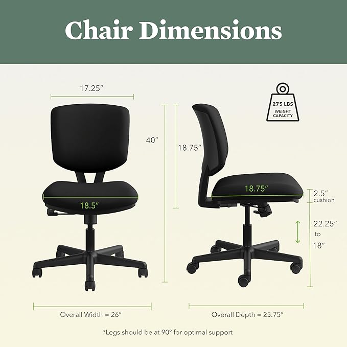HON Volt Ergonomic Office Chair with Fabric Seat and Back, Armless Desk and Computer Chair with Adjustable Center‑Tilt Recline and Wheels for Home Office or Workstation, Black