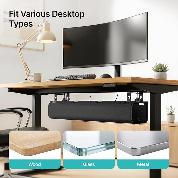 No Drill Under Desk Cable Management Tray, 31.5" Fabric Organizer | Clamp/Screw Premium Mount Cord Holder, for Power Strips, Adapters, with 2 Hooks & 1 Tie Roll for Home Office Gaming, Black