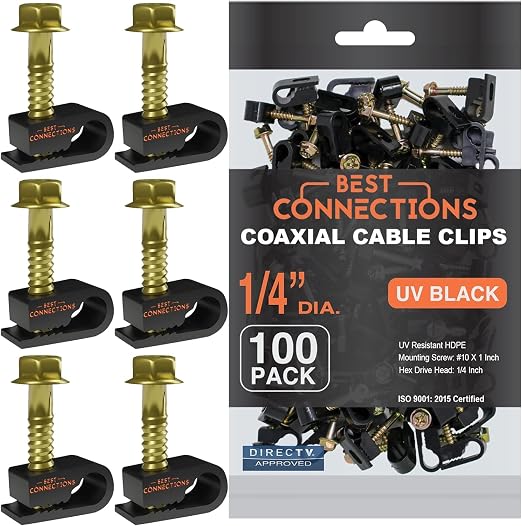 Coaxial Cable Clips with Pre-Inserted Screw (1,000 Pack) – Black Single Cable Mounting Clamps for Coax Cable (RG6, RG59) and Ethernet Cable – Cord Fastener/Strain Relief Clip
