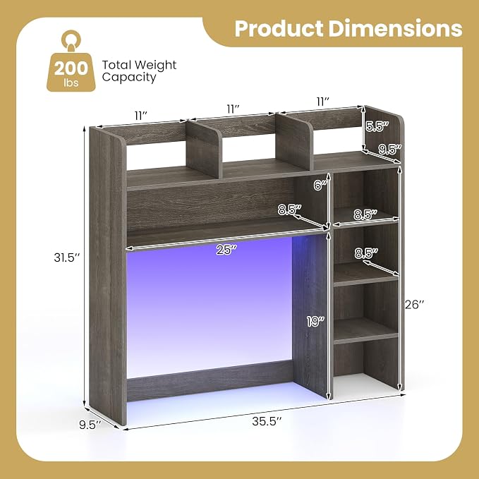 Tangkula Desktop Bookshelf with LED Lights, Desk Hutch with 8 Shelves for Max 25" Monitor, Desktop 5-Tier Display Rack, Multipurpose Wood Desktop Storage Hutch Organizer for Dorm Office Home (Grey)