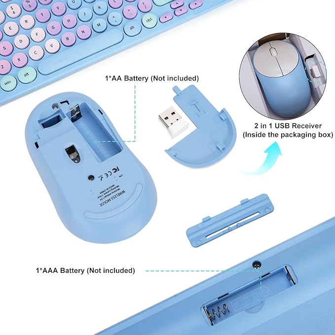 Wireless Keyboard and Mouse Combo, Retro Typewriter Keyboard with Round Keycaps, 2.4GHz USB Cute Wireless Keyboard Mouse for Computer, Desktop, Laptop and Computer (Rainbow Blue)