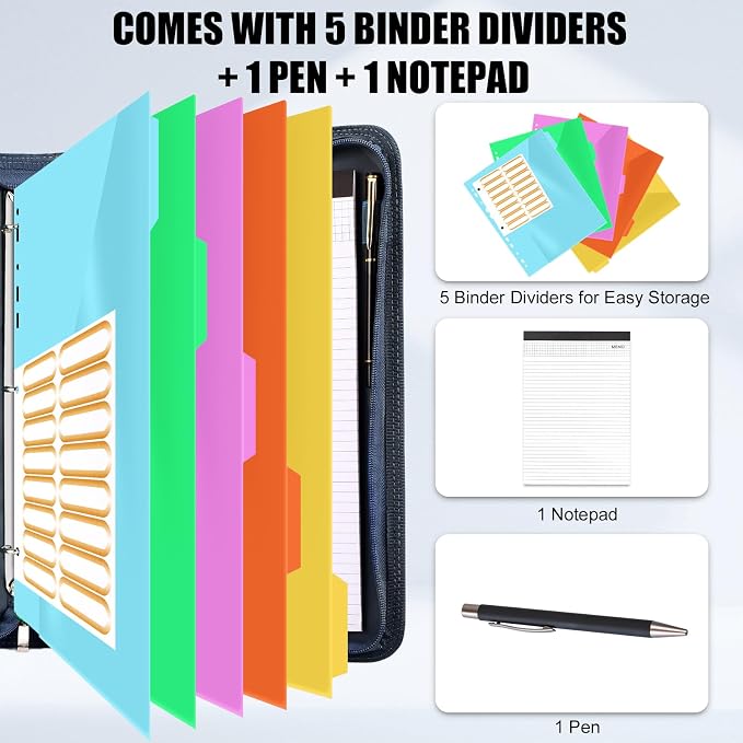 Eshow Portfolio Organizer - 3 Ring Binder with Zipper, Vegan Leather Business Padfolio Folder with Notepad Includes 5 Color Sheet Protectors for Documents Files for Men Women
