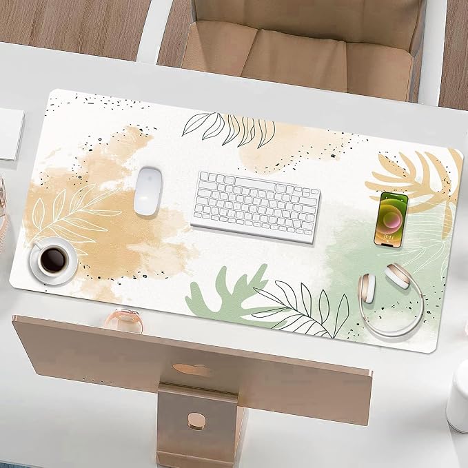 Large Desk Mat, Dual Side PU Leather Waterproof Mousepad Desk Pad, Desk Protector Writing Pads Desk Accessories for Office and Home (E-Watercolor Plants, 24''X14'')