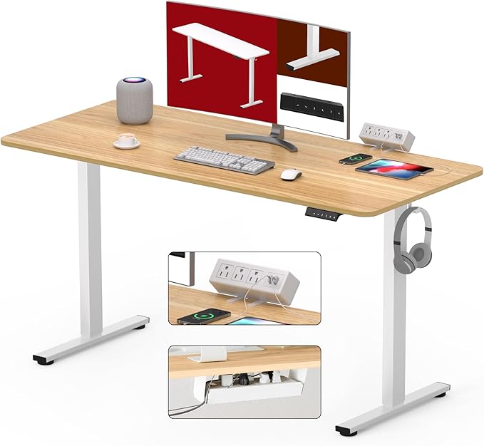 SANODESK Electric Standing Desk with Desk Clamp Power Strip 48"x 30" Whole-Piece Desktop Height Adjustable Stand Up Desk with Cable Management Sit Stand Home Office Desk White Frame/Maple Top