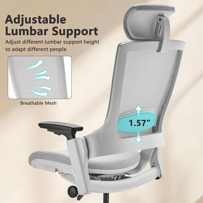 CLATINA Ergonomic High Swivel Executive Chair with Adjustable Height Head 3D Arm Rest Lumbar Support and Upholstered Back for Home Office Gray Mesh/High Back