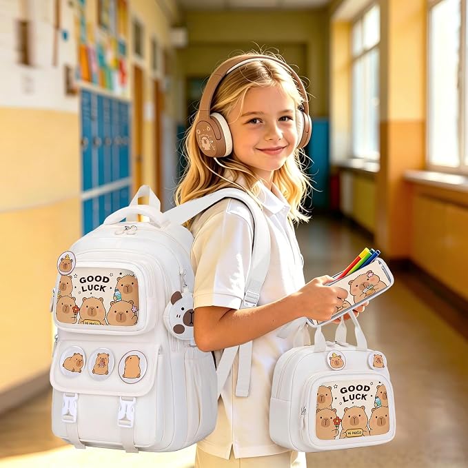 Capybara Backpack for Girls with Headphones - 4PCS Girls Backpack for Kindergarten Elementary Middle High School Travel - 3.5mm Wired Headphones Backpacks Back to School Gift(Beige)