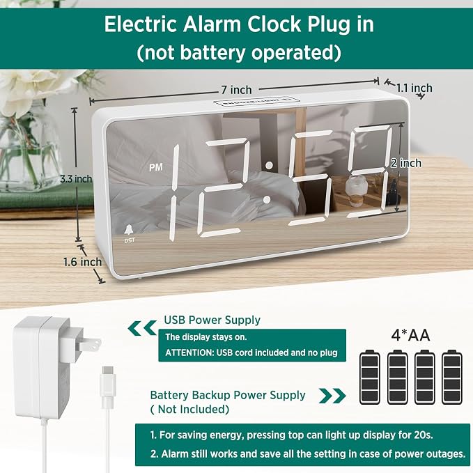 Peakeep Digital Alarm Clock for Bedrooms Bedside, Loud for Heavy Sleepers | Electric Alarm Clock Battery Backup Powered, Mirror Face, Large Numbers 6 Dimmers for Seniors