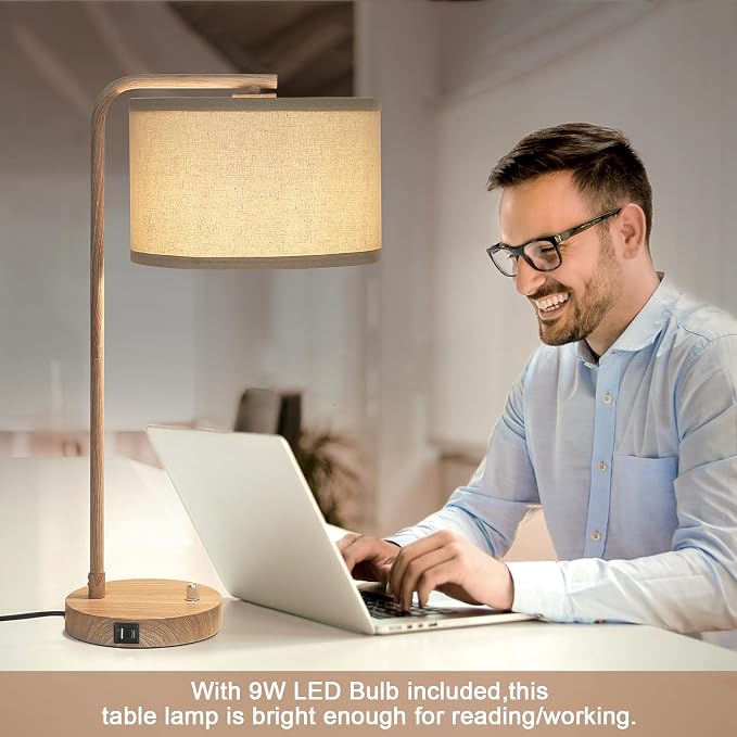 Farmhouse Table Lamp, Fully Dimmable Bedisde Nightstand Lamp with USB C+A Charging Ports, Modern Tall Table Lamp Desk Reading Lamp for Living Room, Bedroom, Office, 9W LED Bulb Included