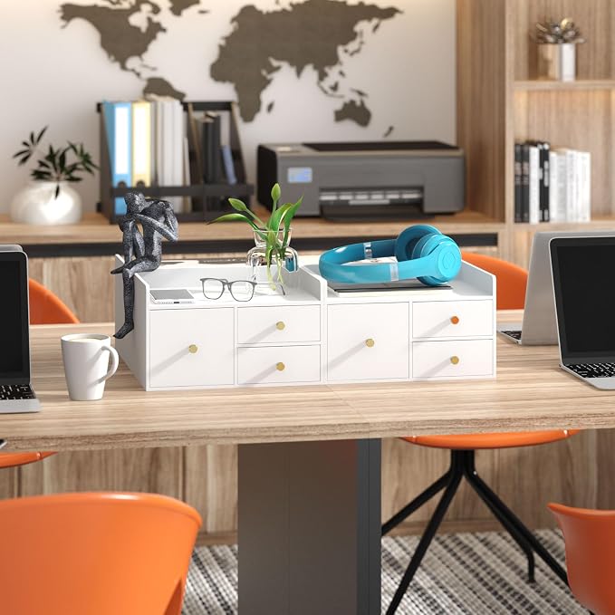 Bamboo Desk Organizer with Drawers,Wooden Desktop Storage (3 Drawer,White) | 100% Bamboo 3 Pull-Out Drawers No Assembly Required Space-Saving Design
