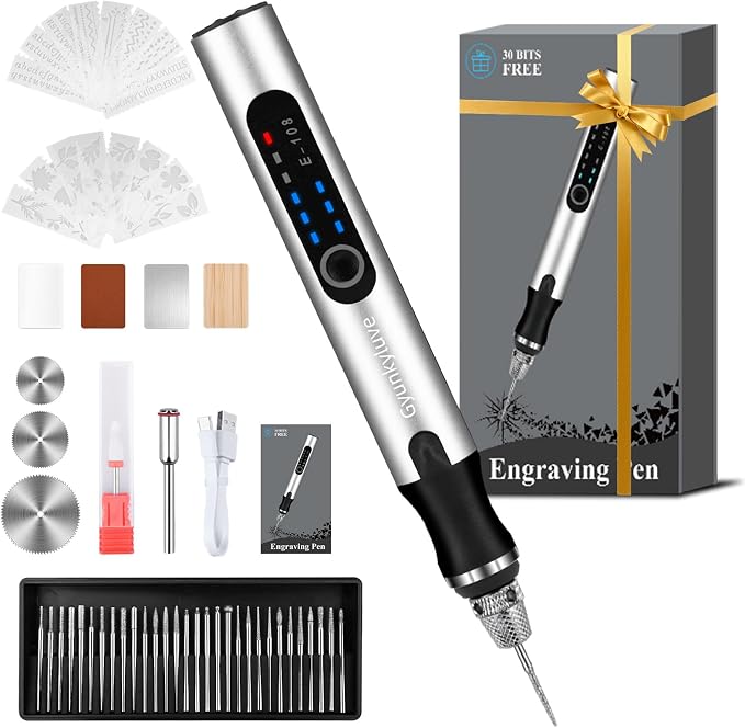 Upgraded Electric Engraving Pen, Wireless Engraving Pen Kit with 34 Bits & 3-Speed Adjust, Practice Materialse & Stencil, Rotary Tool for 60+ Surfaces Cordless Engraver Pen for Artists & DIY