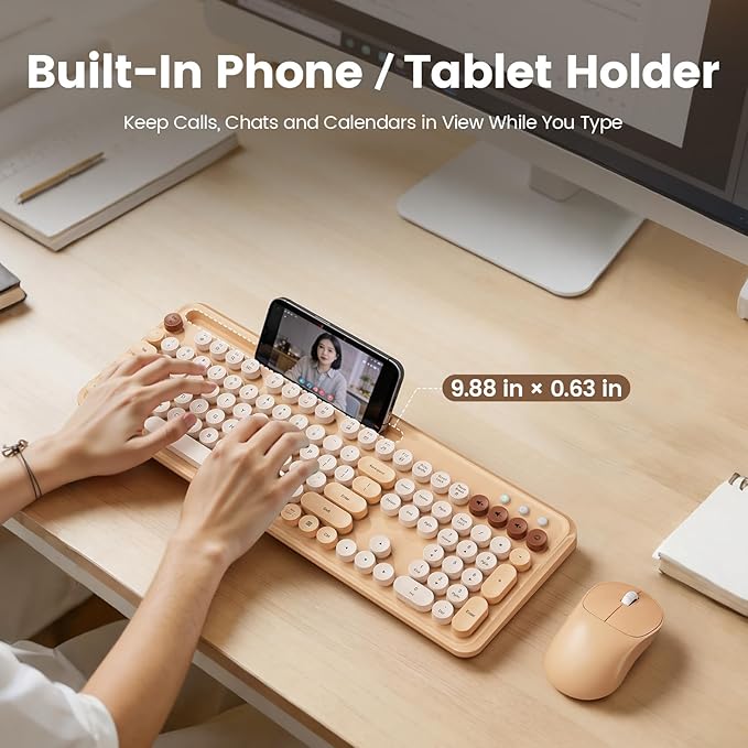 Wireless Keyboard and Mouse Combo, Retro Round Keycaps, Full-Size Typewriter Keyboard with Phone/Tablet Holder, Ergonomic Mouse with 3-Level DPI, 2.4GHz Connection for Windows/PC (Beige Colorful)