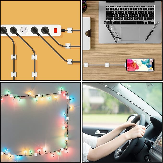 100Pcs Cable Clips, Adhesive Cable Organizer Cord Holder Wire Clip Wire Management Self Adhesive Hooks Wire Holder for Office, Home(White, 100PCS)