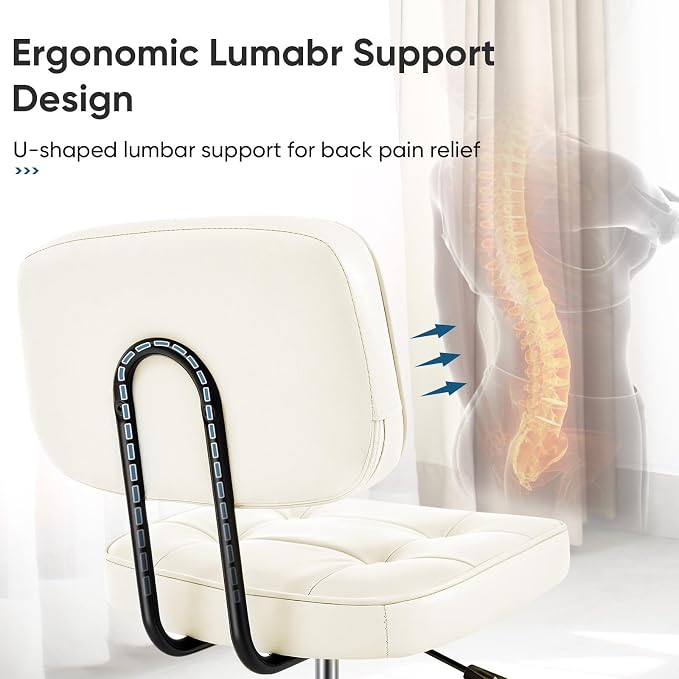 DUMOS Armless Office Desk Chair, Small Vanity Chair with Lumbar Support | PU Leather, 360° Rolling Swivel, Height Adjustable, Fit Computer Task, Bedroom Living Room, Beige