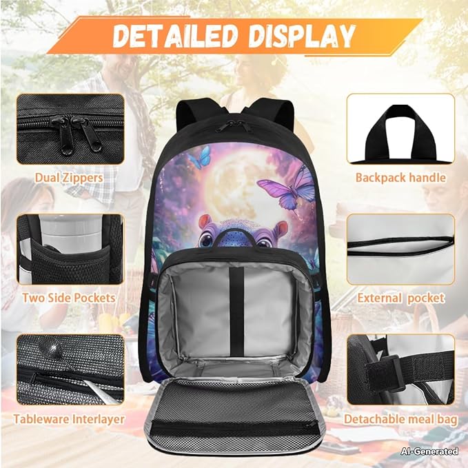 Doojoayie Girls Backpack Set Ages 4-6 6-8 8-10 Hippo Backpack for Kids Large Capacity & Heavy Duty Bookbag for Teen Girls 2025 Trendy School Bags for Preschool Primary Student