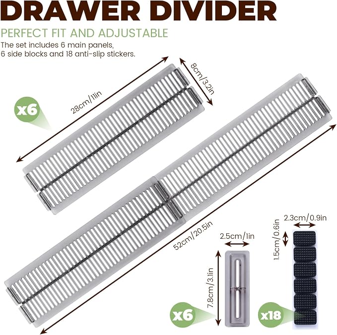 6 Pack 3.2in Drawer Divider, 11-20.5in Adjustable Dresser Drawer Organizer for Clothes, Socks, Underwear, Plastic Separators for Kitchen Utensils, Office, Clear Gray
