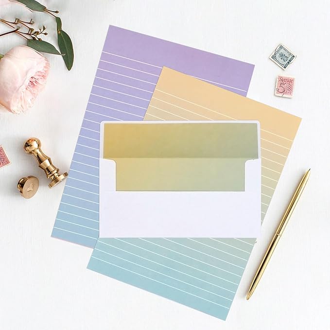 Watercolor Stationery Set with Envelopes, 16 Lined Paper Sheets + 8 Envelopes, Gradient Colors Stationery Paper for Writing Letter Poems Invitations Best Wishes
