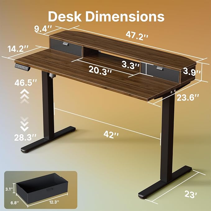 HUANUO 48 x 24 inch Small Electric Standing Desk with 2 Drawers, C-Clamp Mount Compatible, Height Adjustable Sit Stand Desk, Home Office Stand Up Desk with 4 Memory Height Settings, Walnut