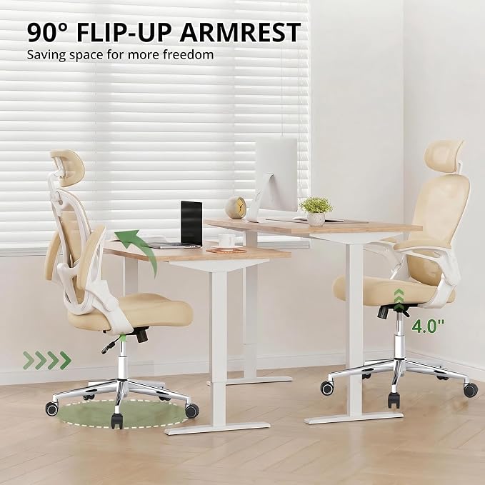 Office Chair, Ergonomic Breathable Mesh Chair,Flip-Up Arms and Adjustable High Back Lumbar Support,Comfy Computer Chair for Home Office (Beige, 407)