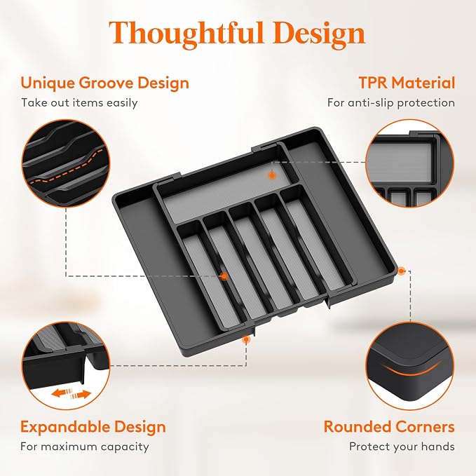 Lifewit Silverware Drawer Organizer, Expandable Utensil Tray for Kitchen, BPA Free Flatware and Cutlery Holder, Adjustable Plastic Storage for Spoons Forks Knives, 33 -57 x 42cm, Black and Gray