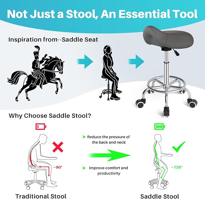 YEEZEE Saddle Stool Ergonomic, Saddle Chair with Wheels, Grey | Comfortable Wide Thick Saddle Seat Padding, 360°Swivel, Adjustable Height, Ring Pedal Design, for Medical Massage Salon Spa
