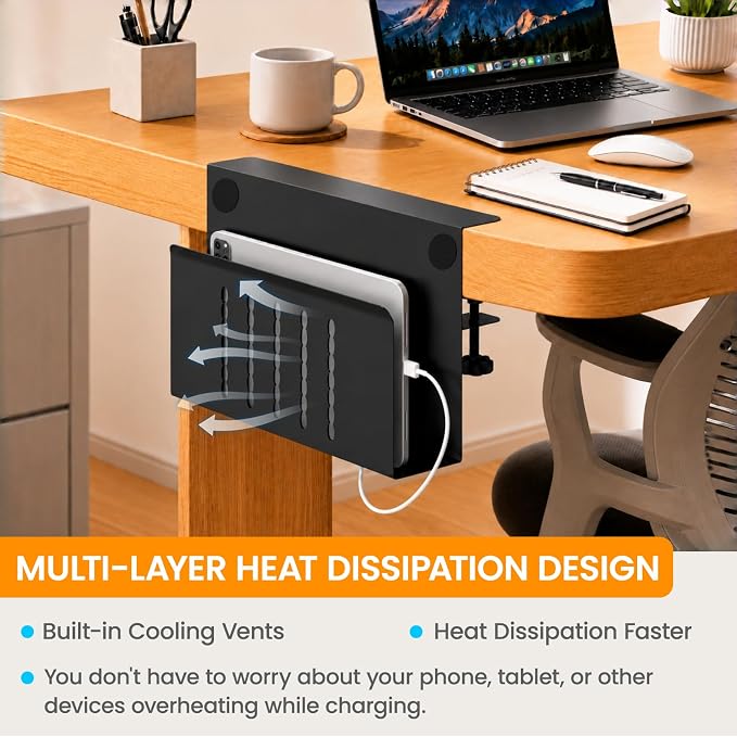 UIN Desk Side Storage, Steel Hanging Desk Organizer with Magnetic Pen Holder, No Drill Laptop Holder, Clamp on Laptop Mount Table Hanging Storage for Office Home, Fits Flat Edge Tables 0.3" to 2.1"